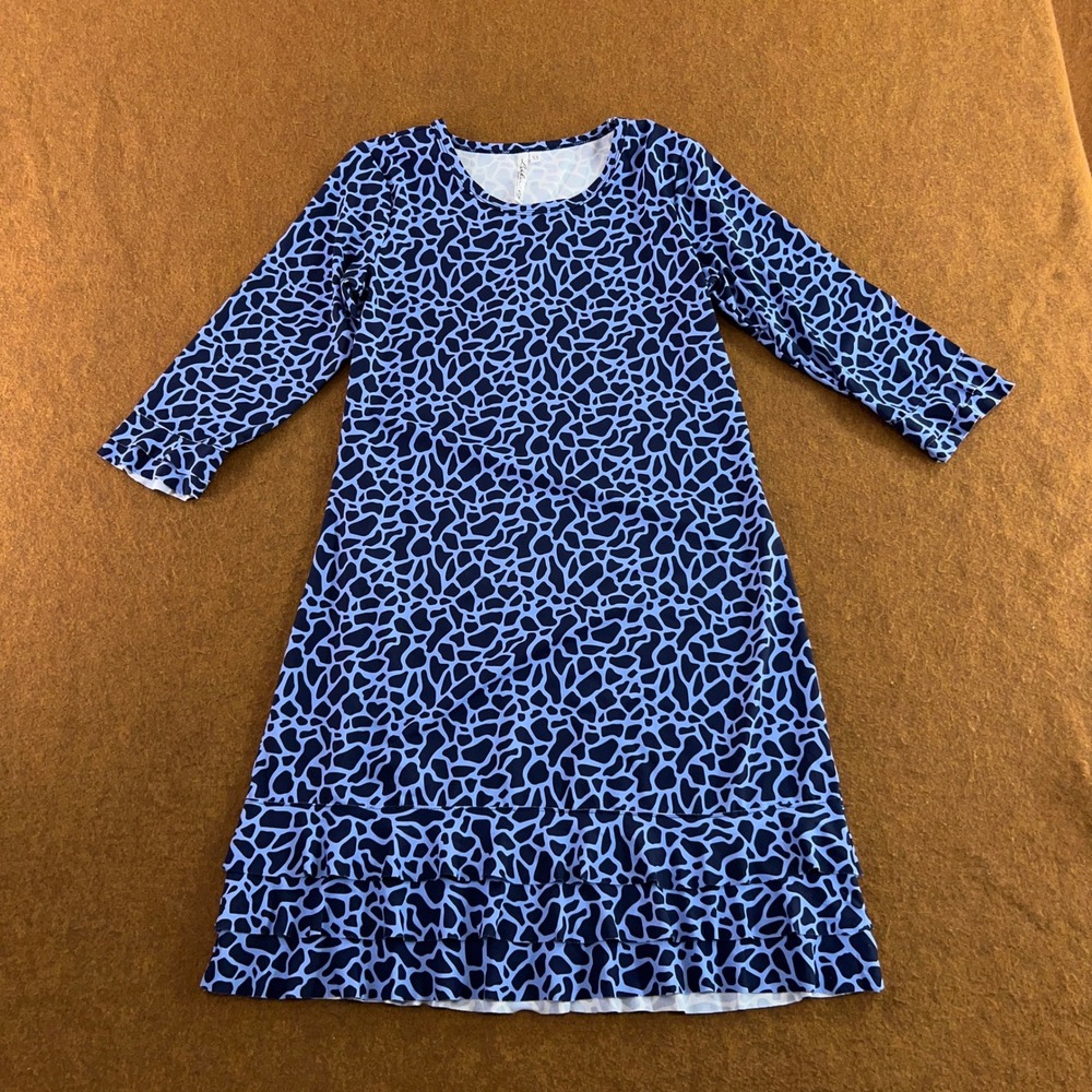 Lulu-B Womens XS Blue Animal Print Ruffle Hem 3/4 Sleeve Dress New